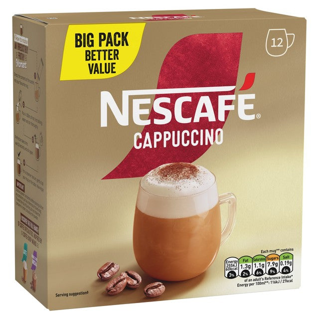 Nescafé Cappuccino instant coffee 12 sachets, imported from the UK