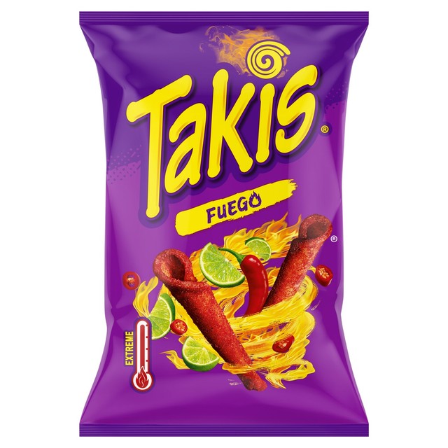 Takis Fuego chilli lime maize snack - British product