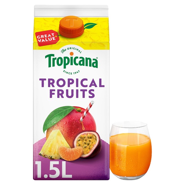 Tropicana tropical fruit juice with apple, mandarin, pineapple, passionfruit, and mango 1.5L (British brand)
