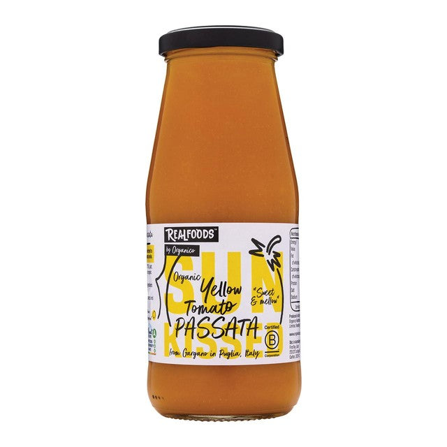 Realfoods organic yellow tomato passata 420g, imported from the UK