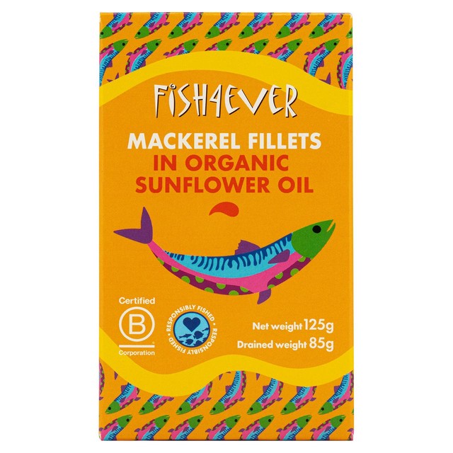 Fish 4 Ever mackerel fillets in organic sunflower oil 125g - British product