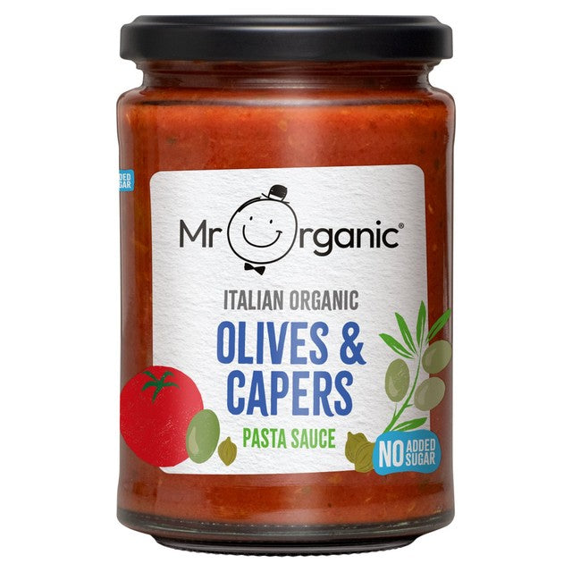 Mr Organic olives and capers pasta sauce, imported from the UK
