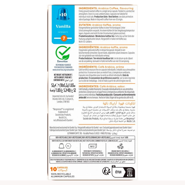 Dunkin Vanilla Nespresso compatible coffee pods (British brand)