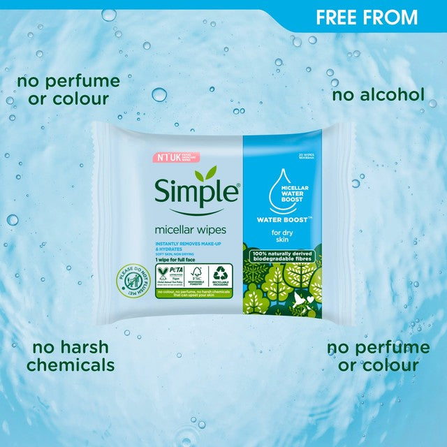 Simple Kind to Skin Micellar Biodegradable Cleansing Wipes 20 pack (British brand)