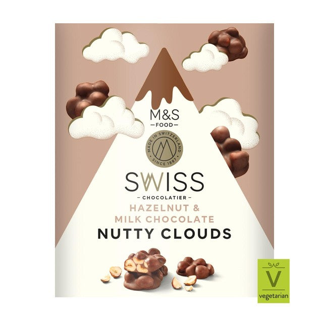 M&S Swiss Hazelnut & Milk Chocolate Nutty Clouds chocolate snack 140g, imported from the UK