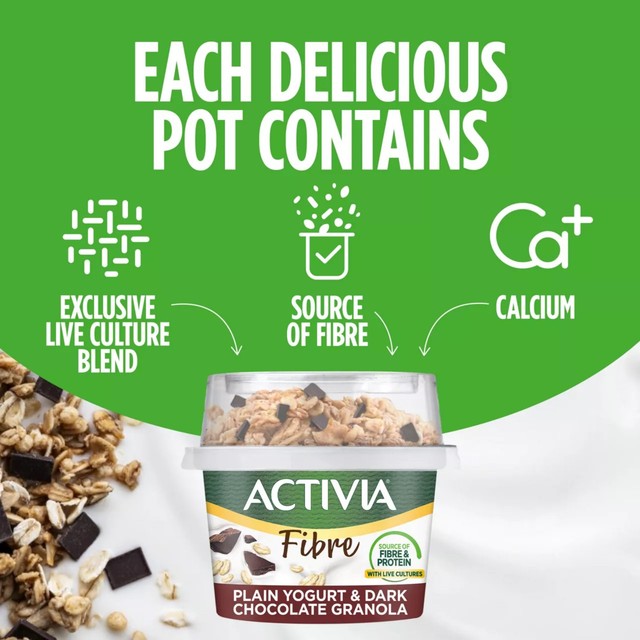 Activia Fibre yogurt dark chocolate granola pot with spoon, imported from the UK