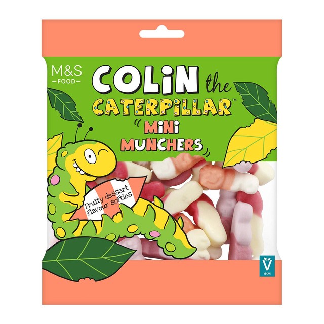 M&S Colin The Caterpillar Mini Munchers assorted fruit flavour gums 150g, imported from the UK