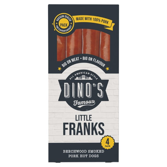 Dino's Original Little Franks pork hot dogs 160g, UK version