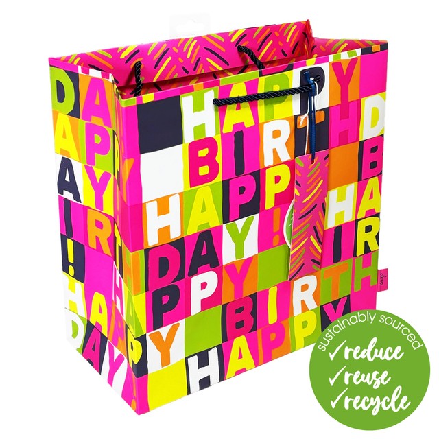 Deva Designs neon pink birthday gift bag medium, imported from the UK