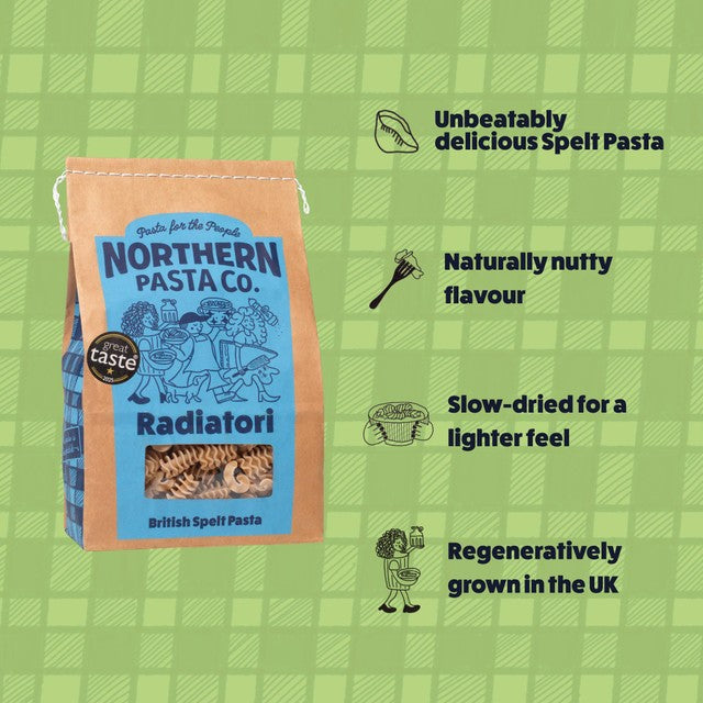 Northern Pasta Co. Radiatori spelt pasta 450g, imported from the UK