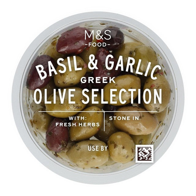 M&S basil and garlic marinated olive selection 180g, imported from the UK