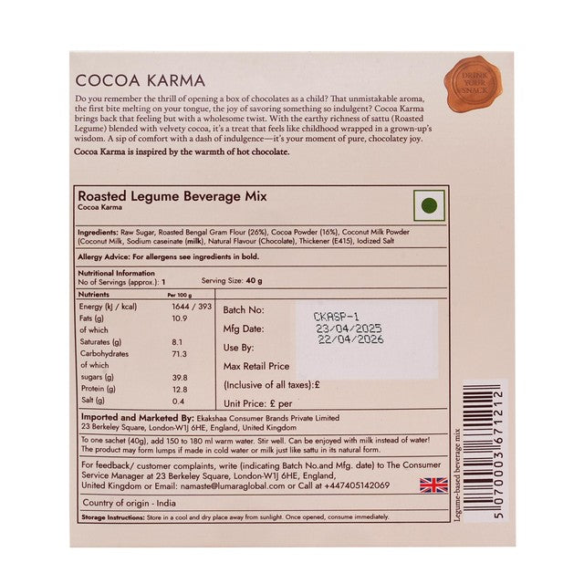 Lumara Cocoa Karma roasted chana sattu hot chocolate mix 40g, UK version
