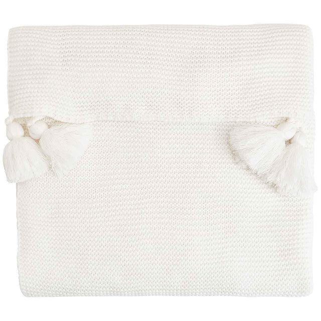 M&S Knitted Tassel Throw in Cream, imported from the UK