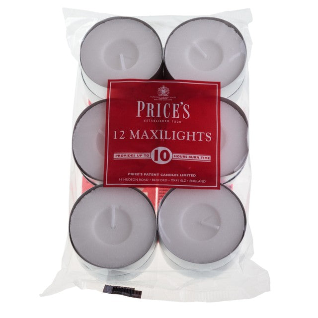 Price's Candles unscented maxi tealights 12 pack, imported from the UK