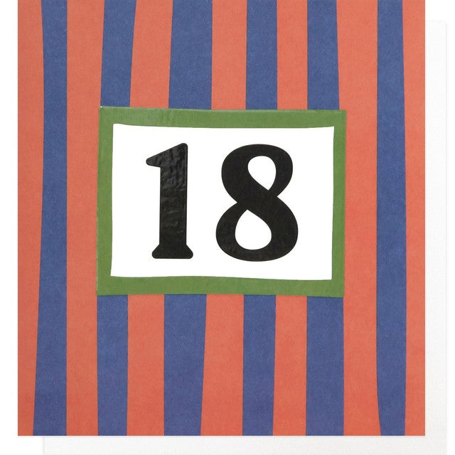 Caroline Gardner red and blue stripe 18th birthday card 146mm x 140mm - British product
