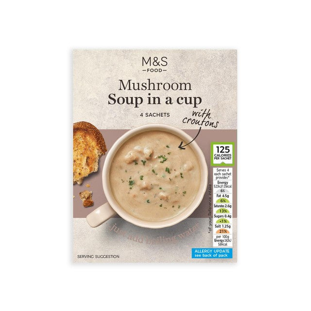 M&S creamy mushroom instant soup mix with croutons 4 x 22g, imported from the UK