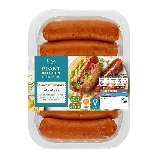 M&S vegan smoky veggie sausages 300g, imported from the UK