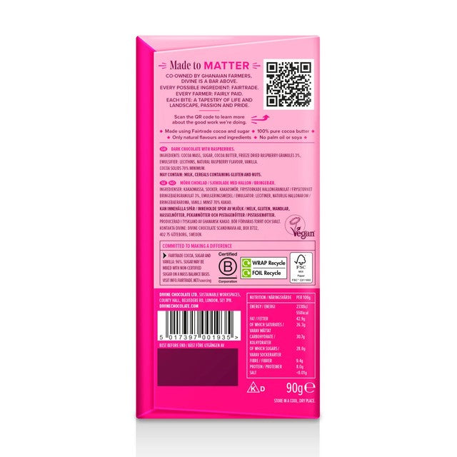 Divine dark chocolate bar with raspberries 90g - British product
