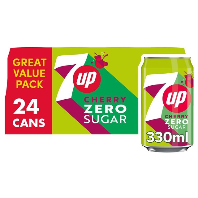7UP Cherry soft drink 24 x 330ml cans (British brand)