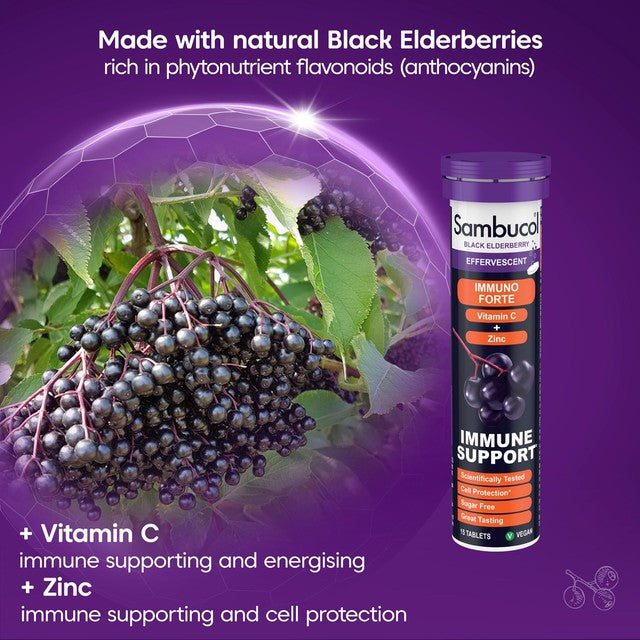 Sambucol Vitamin C Zinc Effervescent Tablets Berry 15 Pack (British brand)