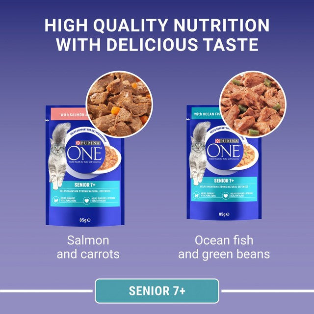 Purina One senior cat food mini fillets with salmon and ocean fish 8x85g pouches, imported from the UK