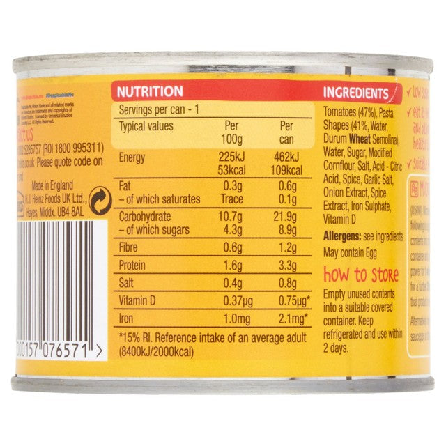 Heinz Minions shapes in tomato sauce pasta 205g, UK version