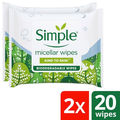 مناديل تنظيف قابلة للتحلل البيولوجي من Simple Kind to Skin Micellar 40 منديلًا