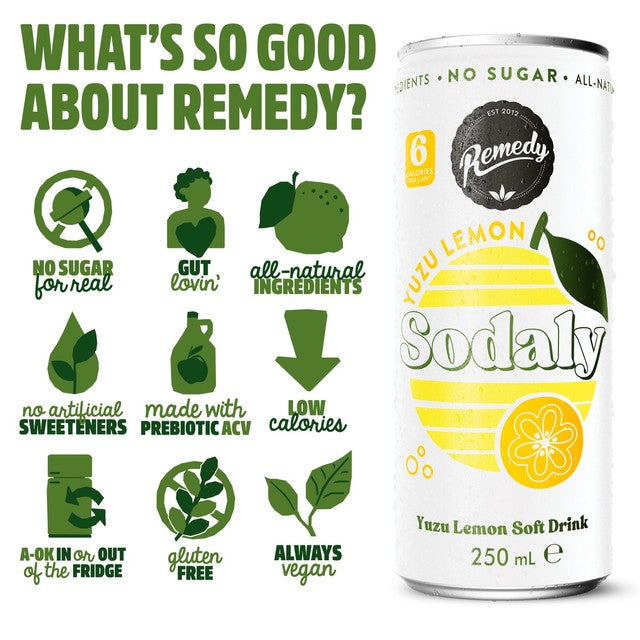 Remedy Sodaly Yuzu Lemon soft drink can, imported from the UK