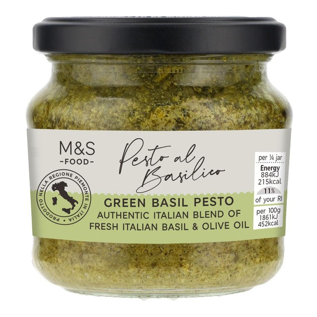 M&S green pesto with Italian basil and olive oil, imported from the UK