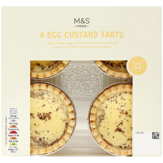 M&S Egg Custard Tarts Shortcrust 4 pack, imported from the UK