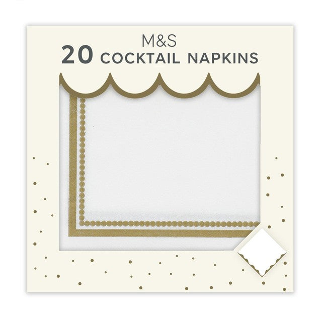 M&S white gold paper cocktail napkins 25cm, imported from the UK