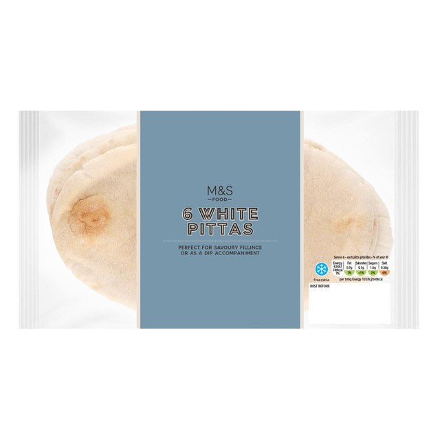 M&S white pitta breads 6 per pack, imported from the UK