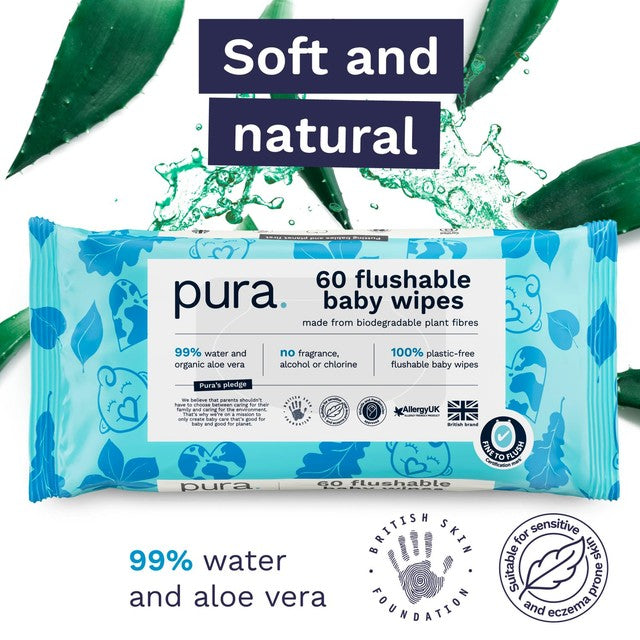 Pura plastic free flushable baby wipes 12 x 60 packs, imported from the UK