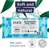 Pura plastic free flushable baby wipes 12 x 60 packs, imported from the UK