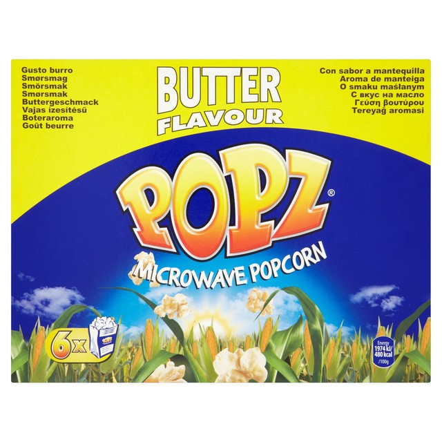 Popz butter microwave popcorn 6 x 90g, imported from the UK