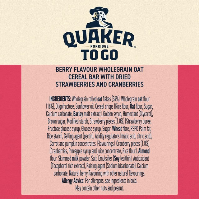 Quaker porridge breakfast bar mixed berries 2 pack, imported from the UK