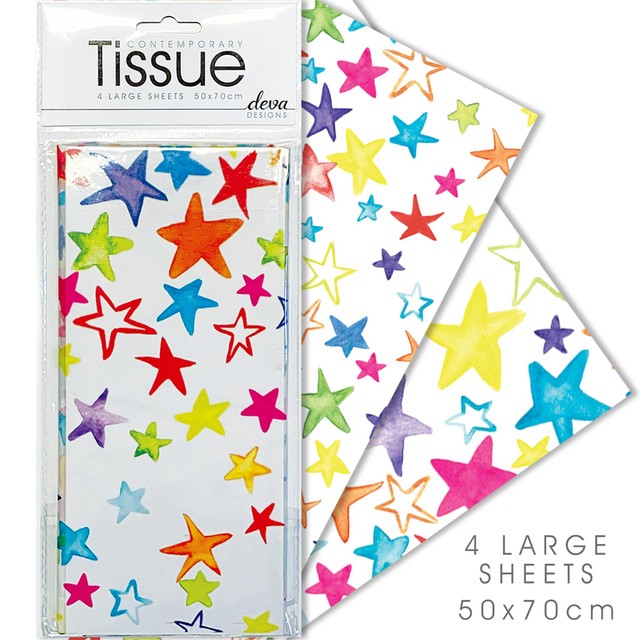 Deva Designs Painted Stars tissue paper 4 pack, imported from the UK