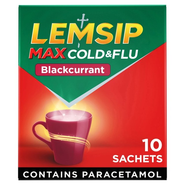 Lemsip Cold & Flu blackcurrant sachets 10-pack (British brand)