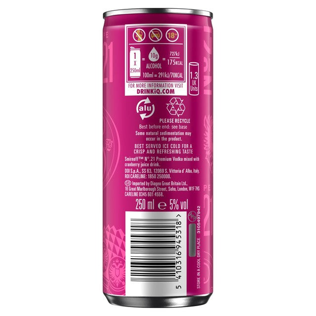 Smirnoff vodka cranberry juice canned cocktail 250ml (British brand)