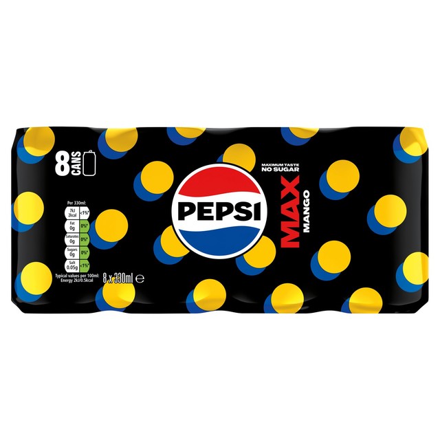 Pepsi Max Mango cola drink 8x330ml cans, imported from the UK