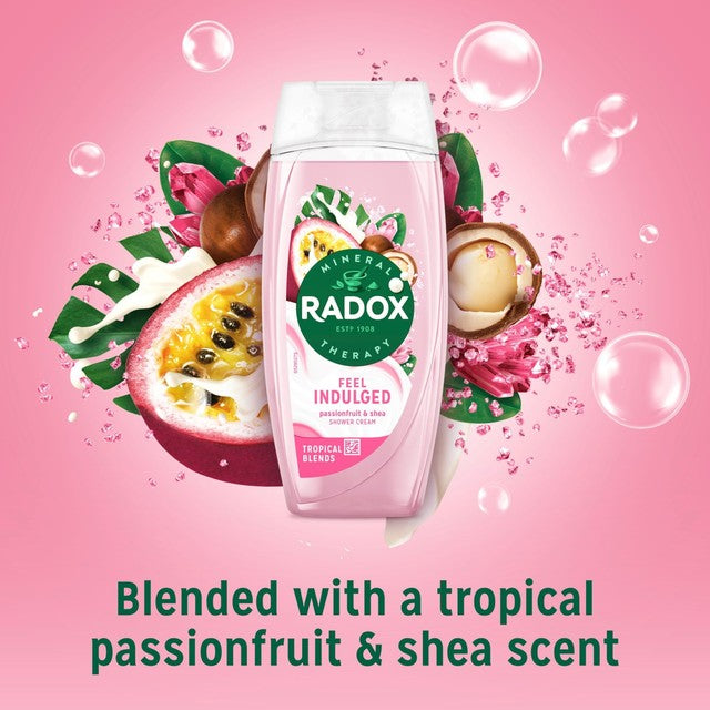 Radox Feel Indulged shower gel passionfruit shea, imported from the UK