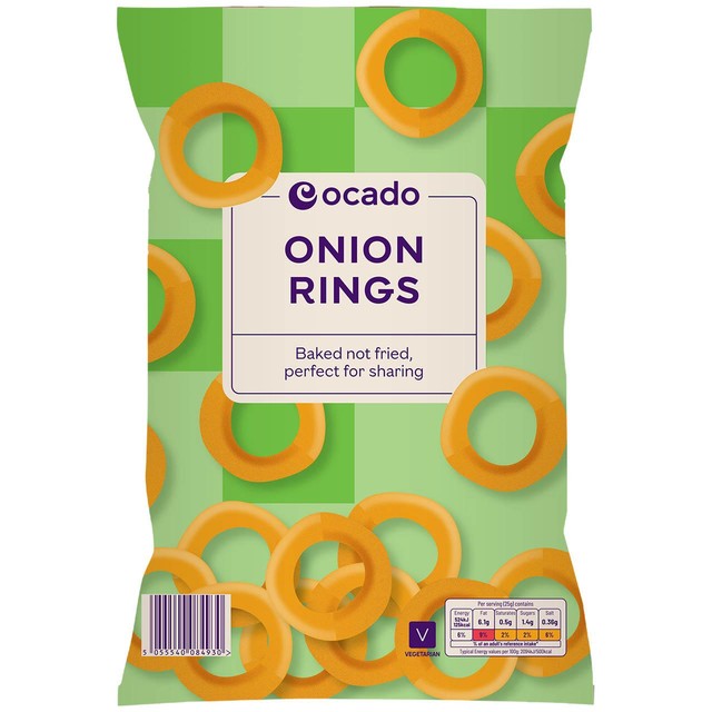 Ocado Onion Rings Crisps 150g, imported from the UK
