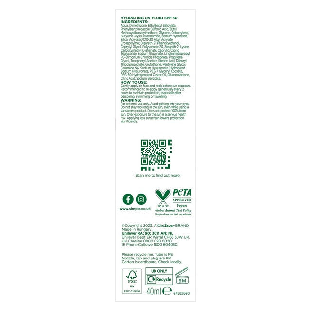 Simple hydrating UV fluid SPF50 moisturiser 40ml (British brand)