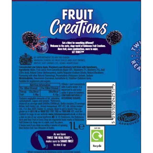 Robinsons blackberry and blueberry squash 1L, imported from the UK