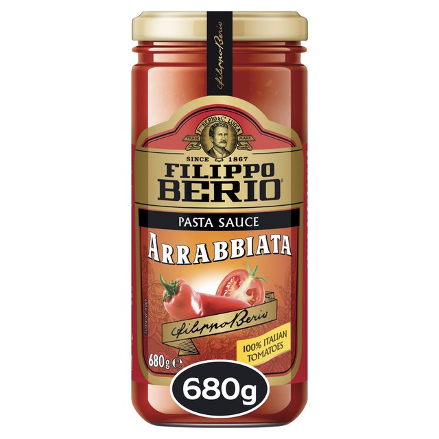 Filippo Berio arrabbiata pasta sauce jar, imported from the UK
