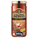 Filippo Berio arrabbiata pasta sauce jar, imported from the UK