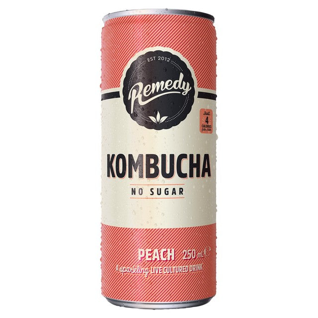 Remedy peach kombucha 250ml can, imported from the UK