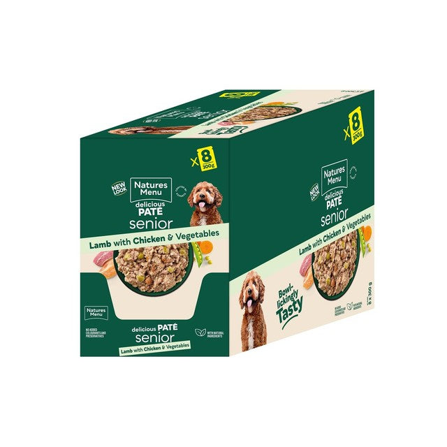 Natures Menu senior lamb with chicken, veg & rice dog food 8 x 300g pouches, imported from the UK