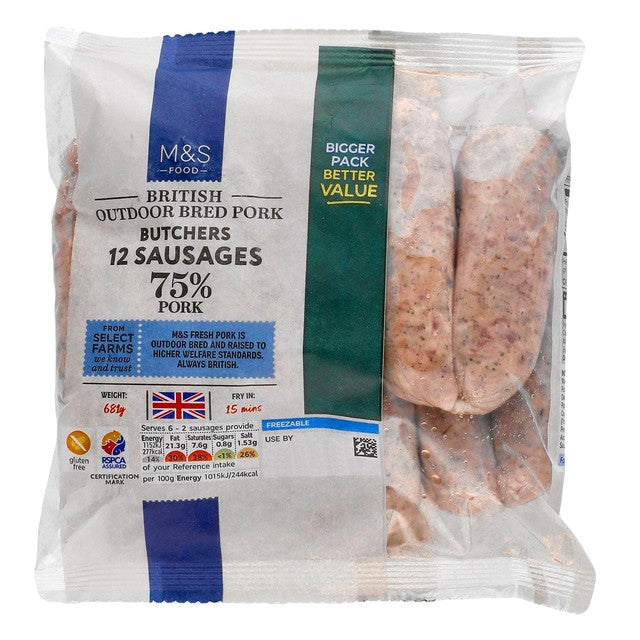 M&S pork sausages 75% pork 681g, imported from the UK