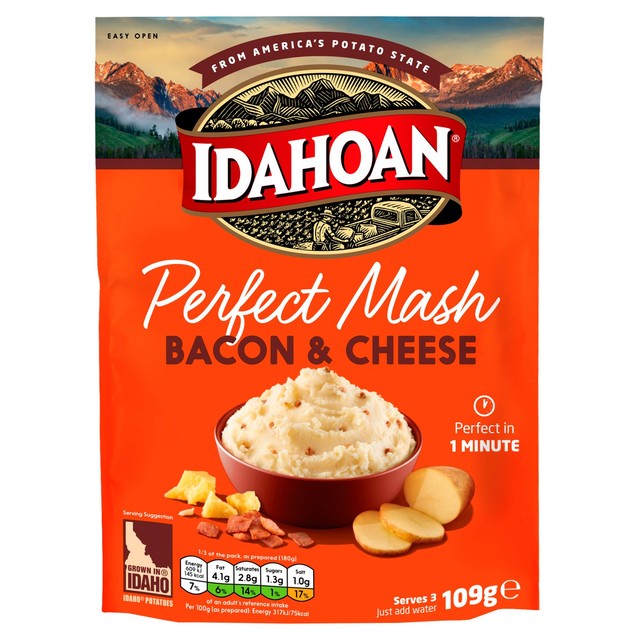 Idahoan cheese and bacon instant mash 109g, UK version